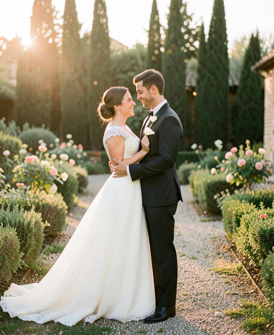 Rusul and Ashir embracing in a garden at golden hour